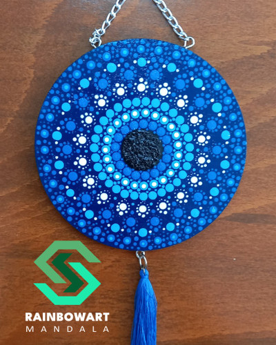 آویزدیواری دایره ای چوبی آبی | کار شده با نقوش ماندالا و دات ماندالا توسط سهیلا میرزایی | ارسال رایگان در رشت | خرید از فروشگاه رینبوآرت