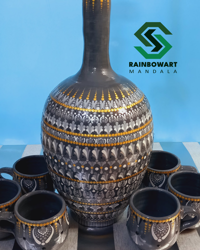ست کوزه و لیوان سفالی دکوری طوسی | کار شده با نقوش ماندالا و دات ماندالا توسط سهیلا میرزایی | خرید از فروشگاه رینبوآرت | ارسال رایگان در رشت