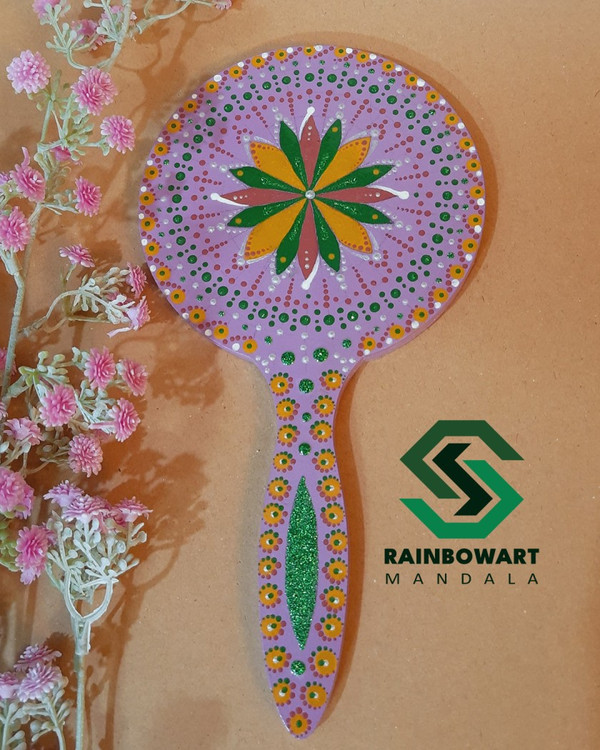 خرید آینه دستی چوبی یاسی با نقوش ماندالا و دات ماندالا از فروشگاه رینبوآرت