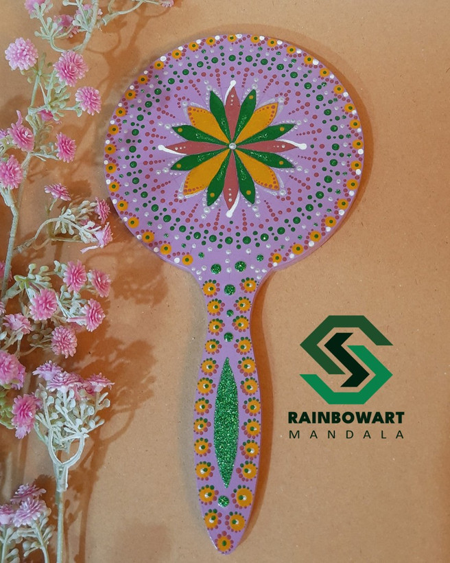 خرید آینه دستی چوبی یاسی با نقوش ماندالا و دات ماندالا از فروشگاه رینبوآرت