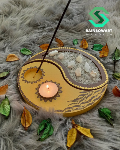 خرید جا شمعی و جا عودی دو تکه طرح ماندالا و دات ماندالا از فروشگاه رینبوآرت