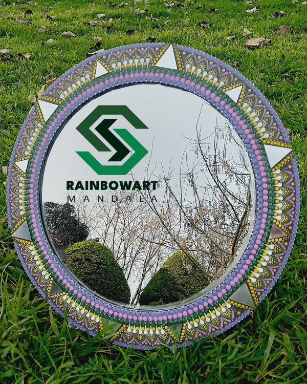 آینه دیواری چوبی بنفش | نقوش ماندالا و دات ماندالا | خرید از فروشگاه رینبوآرت | ساخته شده توسط سهیلا میرزایی