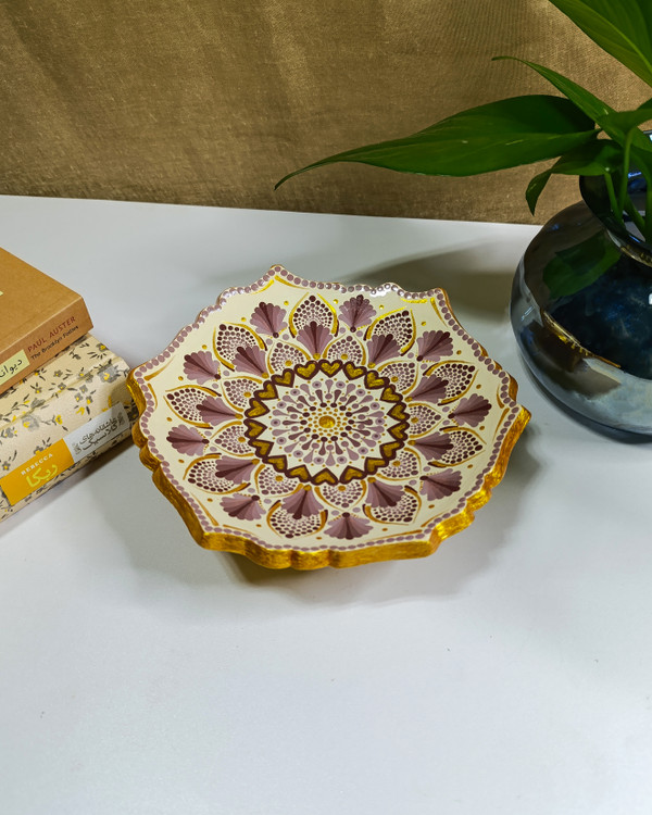 خرید شیرینی خوری پایه دار سفالی با نقوش ماندالا و دات ماندالا از فروشگاه رینبوآرت