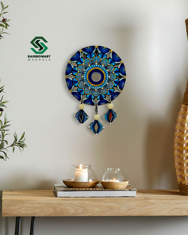خرید آویزدیواری چوبی آبی | طرح ماندالا و دات ماندالا | خرید هدیه و کادو | خرید آویز تزئینی منزل | آویزدیواری تزئینی | خرید از فروشگاه رینبوآرت | قابل سفارشی سازی در طرح و رنگ دلخواه | آویزدیواری تزئینی آینه کاری شده