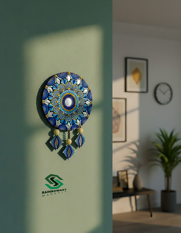 خرید آویزدیواری دکوری آبی طرح ماندالا و دات ماندالا | خرید از فروشگاه رینبوآرت | ارسال رایگان در رشت | گارانتی یکساله | سفارش در طرح و رنگ دلخواه | ماندالا و دات ماندالا | دکوری منزل | آویزدیواری تزئینی منزل | آویزدیواری آئینه کاری شده | آینه کاری