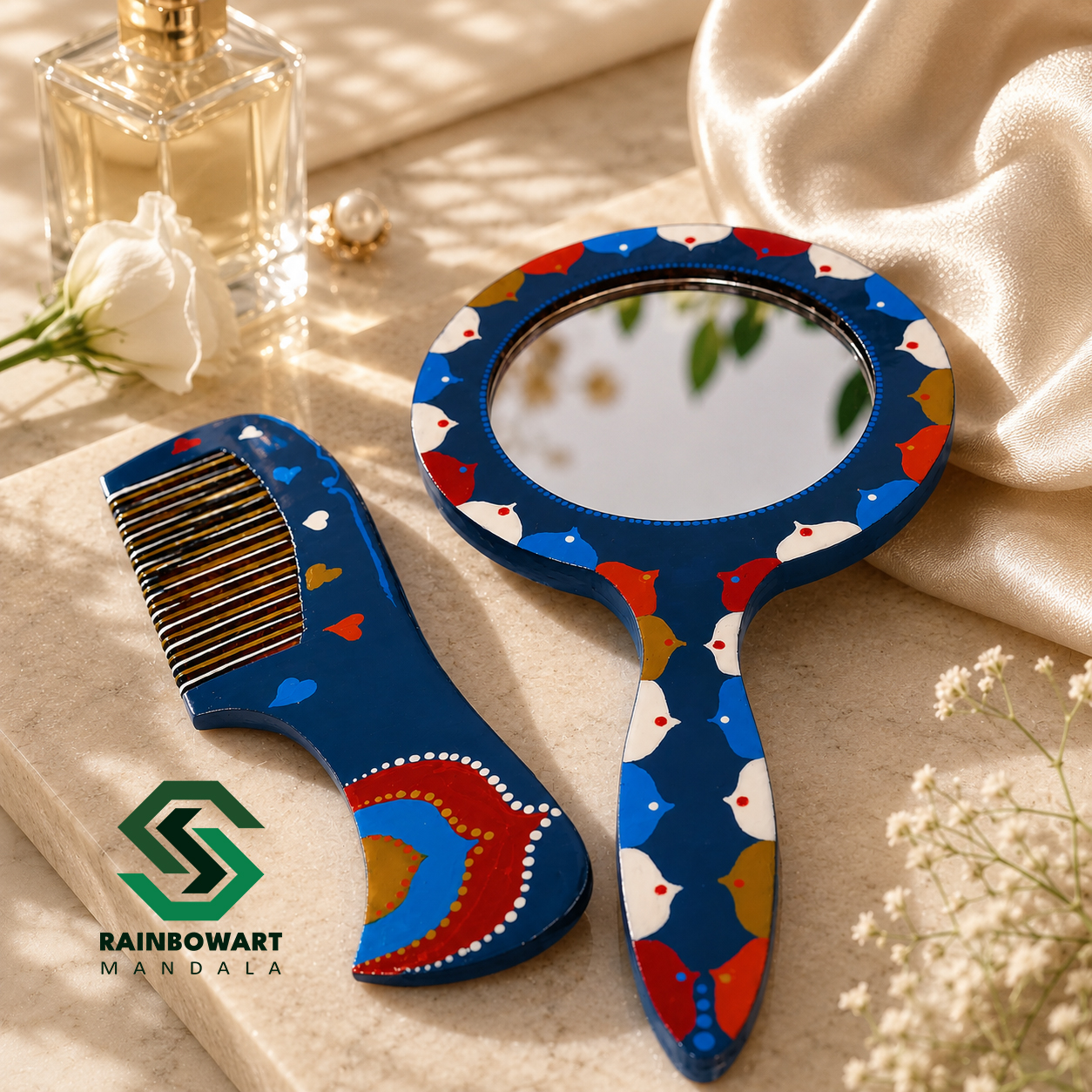 شانه دستی و آیینه دستی چوبی آبی | طرح ماندالا و دات ماندالا | ارسال رایگان
