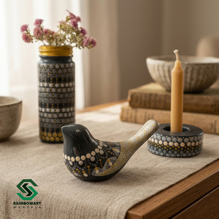 خرید مجسمه گنجشک سفالی طوسی با نقوش ماندالا و دات ماندالا از فروشگاه رینبوآرت | ارسال رایگان به سراسر کشور | گارانتی یکساله